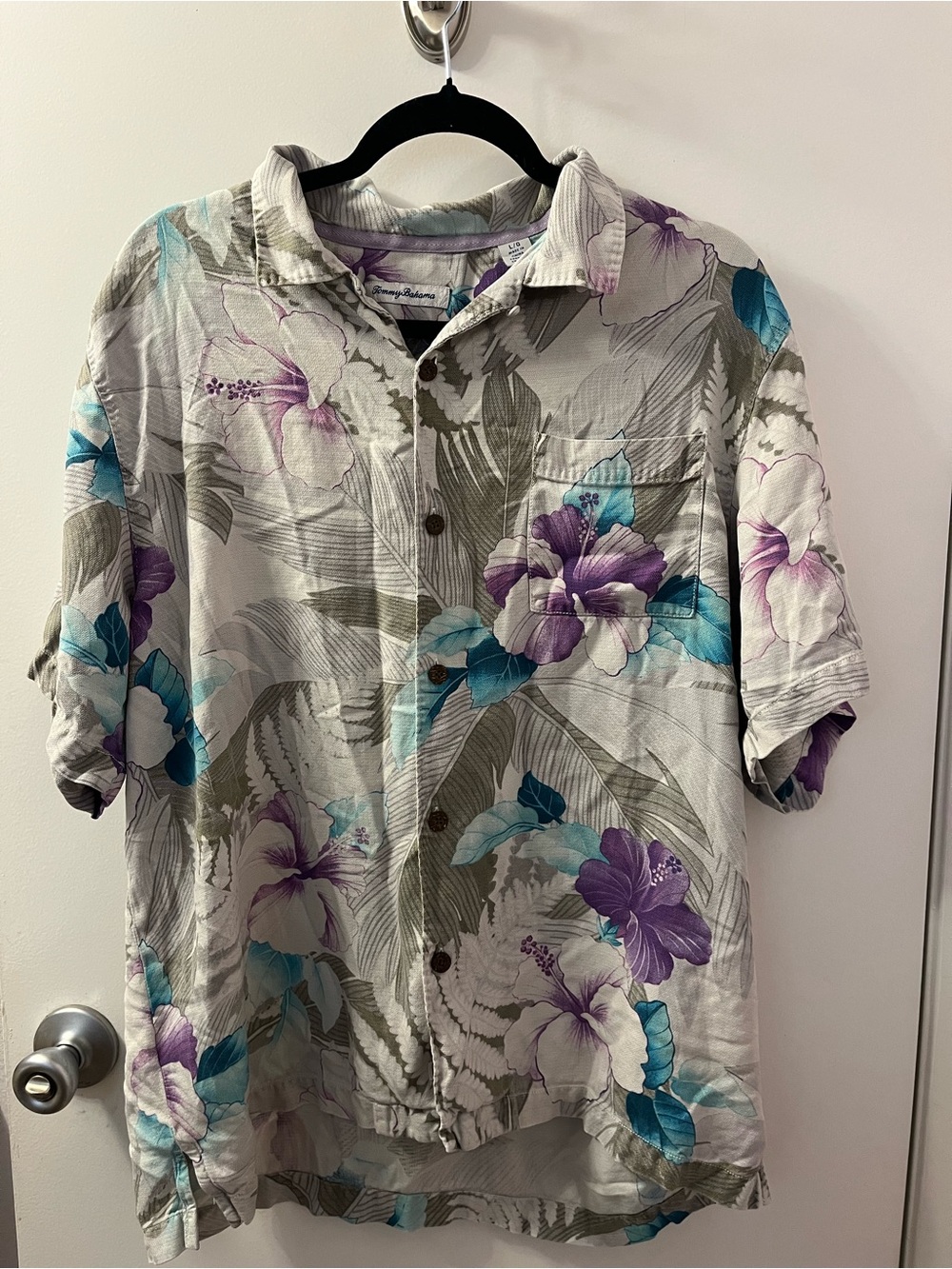 Tommy Bahama Gray Floral Hawaiian Camp Shirt Pre❤️ 100% Silk